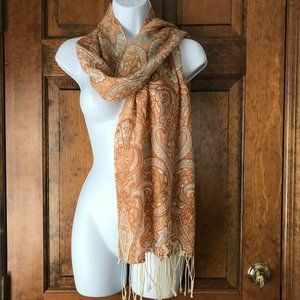 Ivory w/Orange & Teal Paisley Scarf/Wrap w/Fringe 68" x 19"